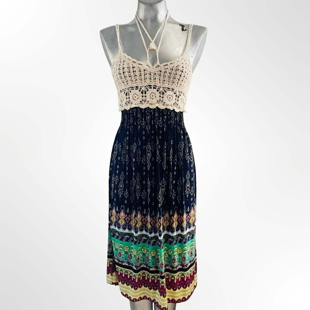 Ming Long Women's Boho Floral Smocked Midi Dress with Crochet Top